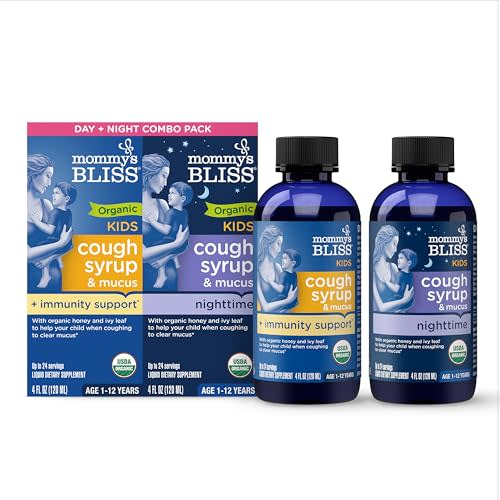 Mommy's Bliss Organic Cough Syrup & Mucus for Kids, Day and Night Combo Pack with Vitamin C and Immunity Support, Contains Organic Honey and Ivy Leaf, 4 Fluid Ounces (2 Bottles)