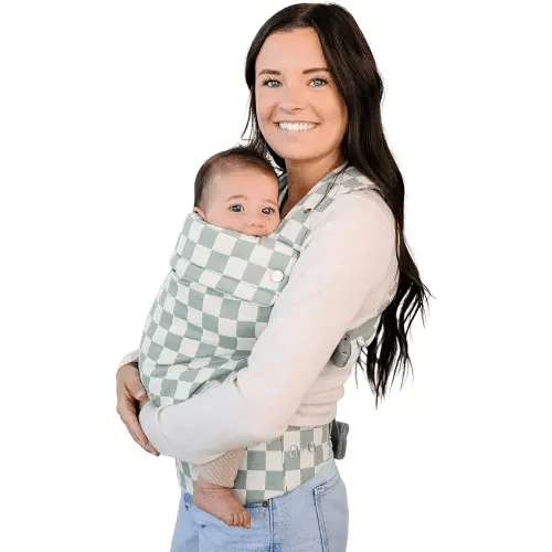 Ava & Oliver Essential Baby Carrier – Ergonomic, Hip-Healthy Soft Structured Carrier for Infants & Toddlers (7–35lbs) - Front and Back Carry, Breathable Fabric, Stylish & Lightweight (Olive Checker)