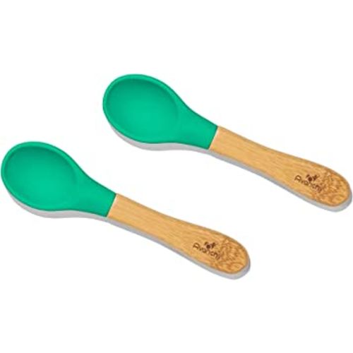 Avanchy Spoon Baby Toddler Organic Bamboo Feeding Spoons. Soft Tip Utensils, Bpa Free Silicone Feeding Set. 2 Pack, 5.5" L X 1.5" W, Green