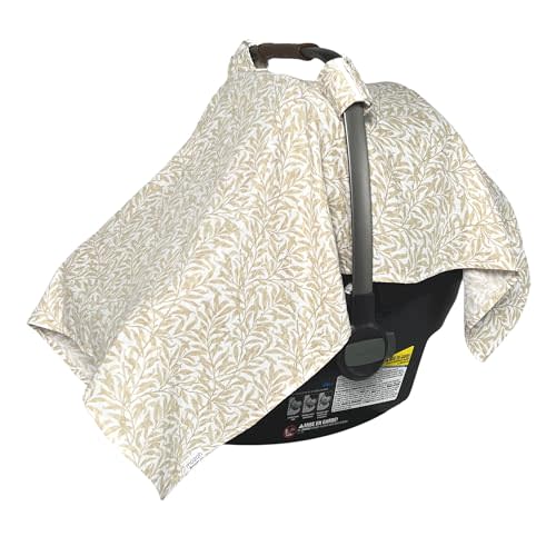 MOZAH 100% Organic Muslin Baby Car Seat Cover Muslin Carseat Canopy Baby Car Seat Covers for Girls (Beige Leaves)