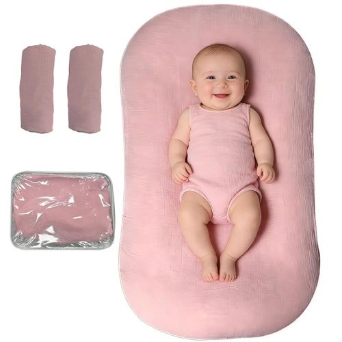 Baby Lounger, Newborn Lounger with Breathable & Soft Cover for Floor, Couch & Travel, 0-24 Months Newborn Babies Essentials Gifts. Pink (2 Cover Included)