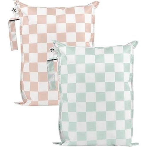 Tiny Twinkle Mess-Proof Waterproof Wet Dry Bag | 2-Pack Reusable Wet Bags for Swimsuits & Baby Clothes | Leakproof Wet Bag for Travel & Diaper Changes for Baby (Unisex Checkers)