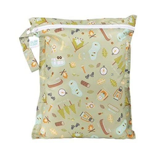 Bumkins Waterproof Wet Bag for Baby, Travel, Swim Suit, Cloth Diapers, Pump Parts, Pool, Gym Clothes, Toiletry, Strap to Stroller, Daycare, Zipper Reusable Bag, Wetdry Packing Pouch, Camp Gear Green - B7 Camp Gear
