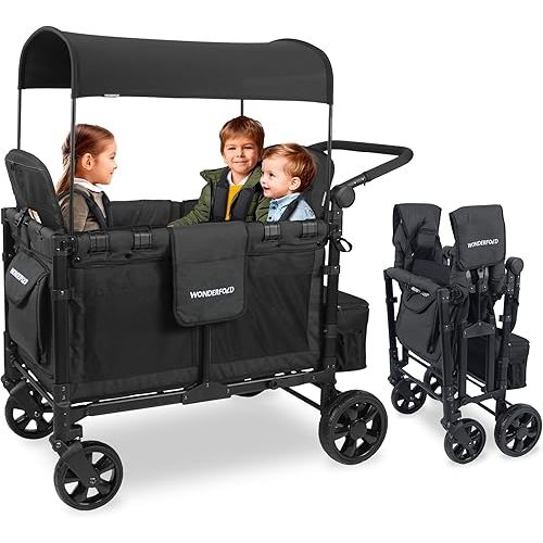 WONDERFOLD W4 Elite Stroller Wagon (4 Seater) - Collapsible Wagon Stroller with Seats with 5-Point Harnesses, Adjustable Push Handle, and Removable UV Sun Canopy, Volcanic Black