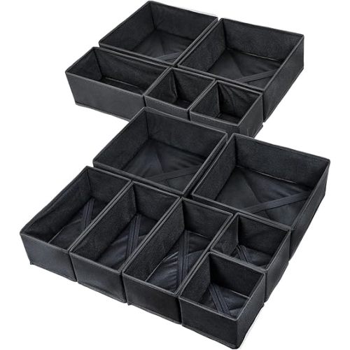 12 Pack Drawer Organizers for Clothing, Foldable Clothes Drawer Organizer for Underwear, Folded Clothes, Baby Clothing, Socks, Bra, Towels, Ties - Multi-pack Storage Box (Black)