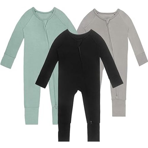 Rayon of Bamboo Baby Rompers Long Sleeve Two Way Zipper Footless Pajamas With Mitten Cuffs