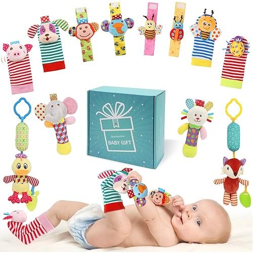 Wrist Rattles Foot Finder Rattle Sock Baby Toy, Hanging Rattle Toy, Hand Bracelet Rattle, Feet Leg Ankle Socks, Activity Rattle Present Gift for Newborn Infant Babies Boy Girl-12pcs A