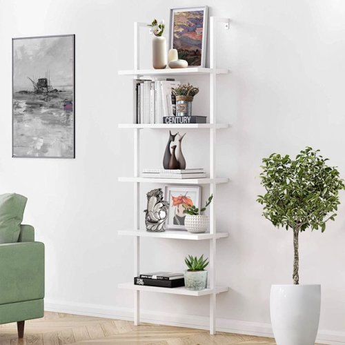 SESSLIFE Industrial Ladder Shelf, 5-Tier Wood Wall-Mounted Bookcase with Stable Metal Frame, 70 Inches Storage Rack Shelves Display Plant Flower, Stand Bookshelf for Home Office