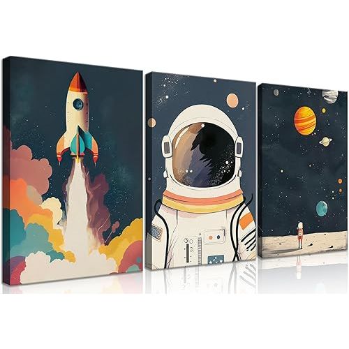 3Pcs Astronaut Wall art Nursery Space Adventure Posters Prints Rocketship Wall Decor Explore Dream Galaxy Canvas Prints Funny Planet Painting for Boys Girls Kids Bedroom Living Framed