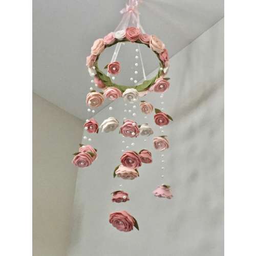 Floral baby girl mobile Baby Girl Vintage PLUSH Rose And Pearls FLORAL MOBILE For Ceiling Hanging Decor