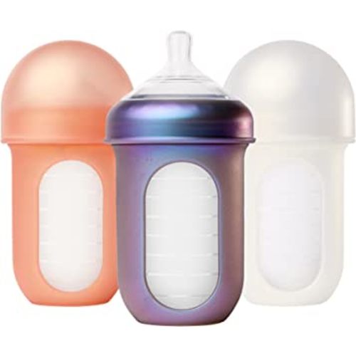 Boon Nursh Reusable Silicone Baby Bottles with Collapsible Silicone Pouch Design - Everyday Baby Essentials - Stage 2 Medium Flow Baby Bottles - Metallic - 8 Oz - 3 Count