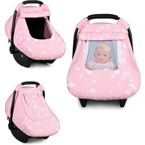 ManFaiSky Car Seat Cover Baby, Breathable Infant Baby Carseat Cover for Girls, Cozy & Windproof Infant Car Seat Covers Canopy, Extra Mesh Window, Pink