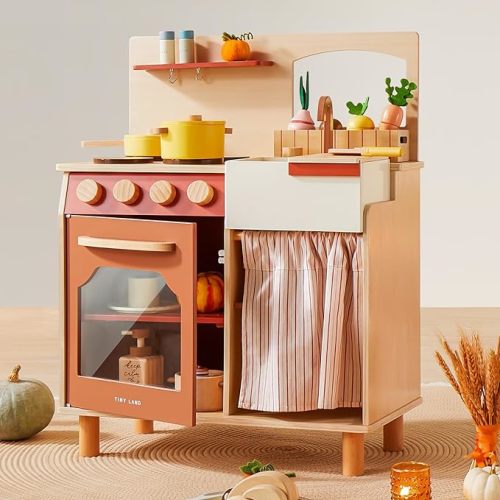 Tiny Land Play Kitchen Set, Toddler Kitchen with Cutting Food Set, Wooden Kitchen Sets for Kids, Farm Style Toy Kitchen Playset, Best Gift for Girls and Boys