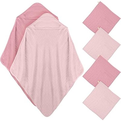 Preboun 6 Pcs Hooded Baby Towels Muslin Cotton Washcloths Set 32 x 32 Inch Soft Absorbent Baby Bath Towel with Hood 11 x 11 Inch Baby Muslin Washcloths for Newborns Infant Toddler (Pink, Dark Pink)