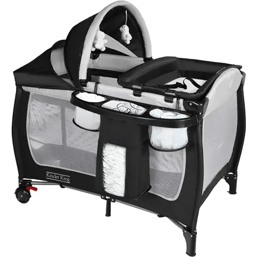 Kinder King 4 in 1 Portable Pack n Play, Baby Nursery Center Playard w/Bassinet, Large Playpen for Infant and Toddler, Newborn Changing Table, Adjustable Canopy, Storage Basket, Travel Bag, Black