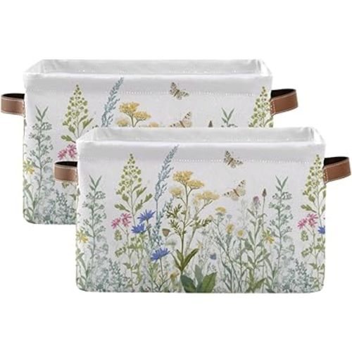 xigua Vintage Colorful Herbs Wild Flowers Floral Storage Basket Collapsible Toy Storage Bins Waterproof Canvas Storage Basket with Leather Handles for Home Closets Offices,Bedrooms,Kids Toy and Gift