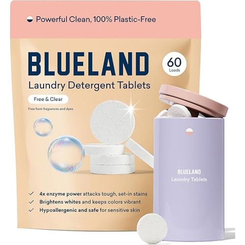 BLUELAND Laundry Detergent Tablets, Starter Set, 60 Count with Tin, Plastic-Free Eco-Friendly Pods, Sheets, Liquid Alternative - Fragrance Free and Clear, Natural, Gentle