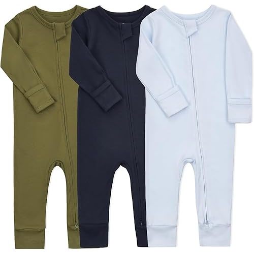 Aablexema Baby Cotton Fooltess Pajamas with Mitten, 3-pack Infant Romper Zip Up One Piece Jumpsuits Outfit