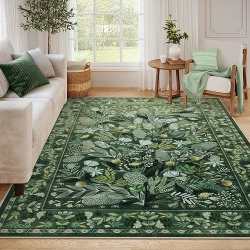 Anidaroel Green Large Area Rugs 8x10, Botanical Floral Washable Rugs for Living Room, Soft Rug for Bedroom Non-Slip Ultra-Thin Modern Rug Dining Room Mat Throw Carpet for Dorm Apartment