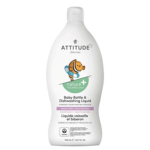 ATTITUDE Baby Dish Soap and Bottle Cleaner, EWG Verified Dishwashing Liquid, No Added Dyes or Fragrances, Tough on Milk Residue and Grease, Vegan, Sweet Lullaby, 23.7 Fl Oz