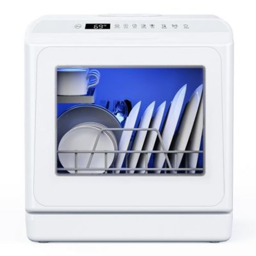 Simzlife Portable Dishwashing Machine Countertop, 4 Place Setting, Dishwasher with 6 Washing Programs, Built-in Water Tank, Air-Dry Function, White