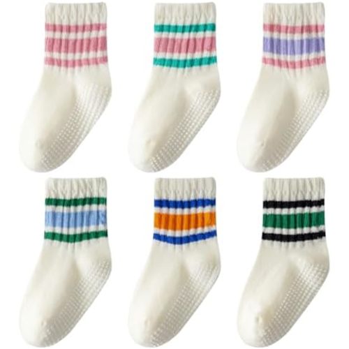 Toddler Grip Socks with Non-Slip, Unisex Baby Retro Stripe Seamless Crew Ankle Cotton Socks for Girls Boys 6 Pairs