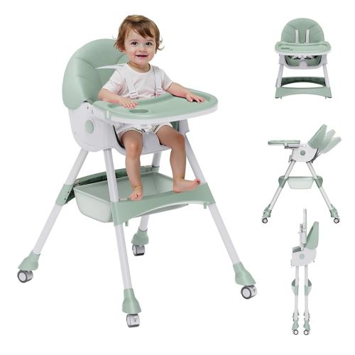 High Chairs for Babies and Toddlers, 4 in 1 Convertible Baby High Chair, Portable High Chair for Travel with Adjustable Height and Back, Foldable HighChair with Wheels& Pu Cushion (Green)