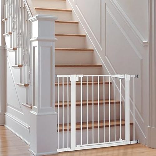 keny 29.7"-40.5" Baby Gate for Stairs, Auto Close Dog Gate with 21.1" Large Opening Walk Thru Door, Pressured Mounted Easy Install Pet Gate, 30" Tall, White