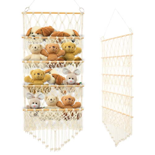 Austok 4-layer Versatile Plush Toy Holder Large-Capacity Vertical Toy Storage Organizer Safe Nursery Hanging Organizer Stable Stuffed Animals Holder for Kids