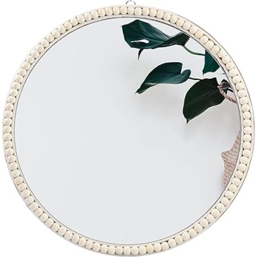SWTHONY 20 Inch Boho Beaded Mirror Wall Decor, Decorative Round Nursery Mirror for Wall Girl Room Decor, Farmhouse Circle Rattan Mirror for Living Room, Bedroom