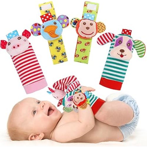 SSK Soft Baby Wrist Rattle Foot Finder Socks Set,Cotton and Plush Stuffed Infant Toys,Birthday Holiday Birth Present for Newborn Boy Girl 0/3/4/6/7/8/9/12/18 Months Kids Toddler,4 Cute Animals