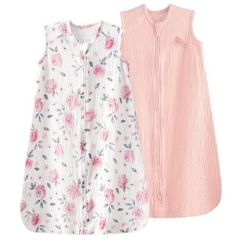PHF 100% Muslin Cotton Baby Sleep Sack, 0-6 Months Baby Wearable Blanket with 2-Way Zipper, 2 Pack Soft Breathable Cooling 0.5 TOG Small Size Sleeveless Sleeping Bag for Girls, Pink Floral
