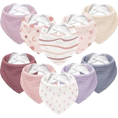 Susurration Muslin Baby Bibs 10Pack Bandana Drool Bibs Soft Adjustable Newborn for Unisex Girls & Boys (Pink Stars)