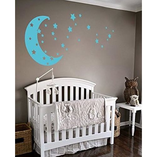 Moon and Stars Night Sky Vinyl Wall Art Decal Sticker Design for Nursery Room DIY Mural Decoration (Geyser Blue, 22x49 inches)