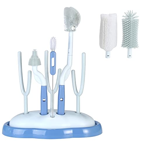 VOOWO Baby Bottle Brush with Silicone Bristles, Rotating Handle, Drying Rack & Cleaning Components (Blue)