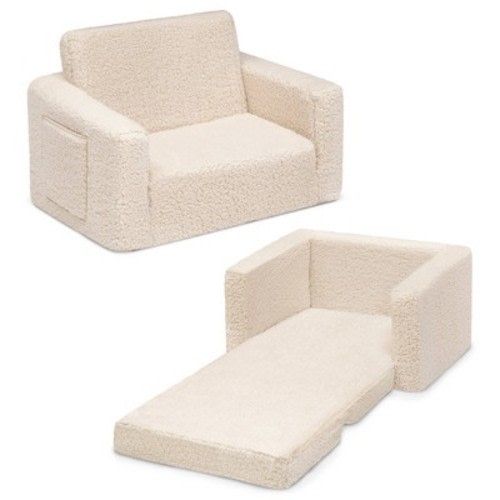Delta Children Kids' Cozee Flip-Out Faux Shearling 2-in-1 Convertible Chair, Color: Cream