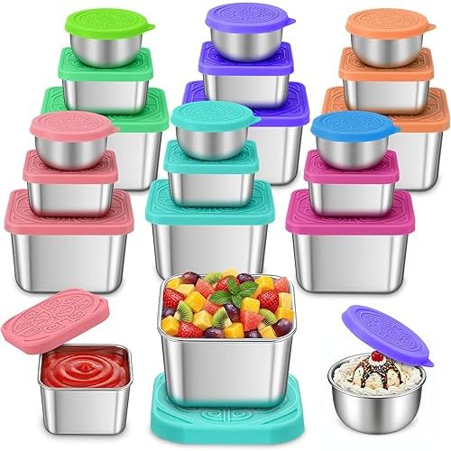 18 Pcs 6 oz Stainless Steel Snack Containers 2 and 1.6 oz Salad Dressing Takeout Containers with Silicone Lids, Reusable Leak-proof Snack and Sauce Lunch Box Accessories (Square? Round)