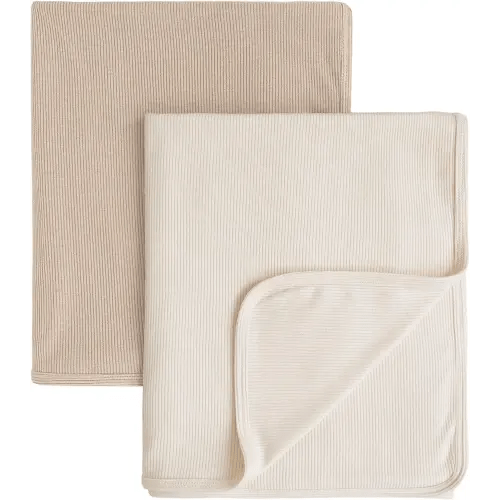 Konssy Knit Baby Blanket 2 Pack, Soft Ribbed Swaddle Receiving Blankets for Boys & Girls, Lightweight Cozy Swaddling Wrap for Newborns, Infants, & Toddlers, 33x42 Inch (Camel, Beige)
