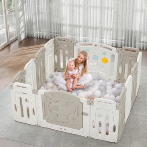 Baby Playpen,Foldable Plastic Playpen for Babies and Toddlers,14 Panels Fence with Lockable Door,Music Player,Soccer Goal,Spinning Gears,Gray and White