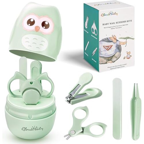 Baby Nail Kit, Baby Manicure Kit and Pedicure kit with Cute Owl Shape Case. Baby Nail Clipper, Scissor, Baby Nail File & Tweezer for Newborn, Infant & Toddler, Mothers Day Gifts(Green)