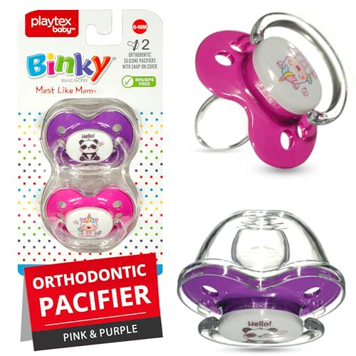 Playtex Baby Binky Orthodontic Pacifier with Snap-On Cover, Air Comfort Shield, Medical Grade Silicone, 6 Months+, Pink & Purple (2 Count)