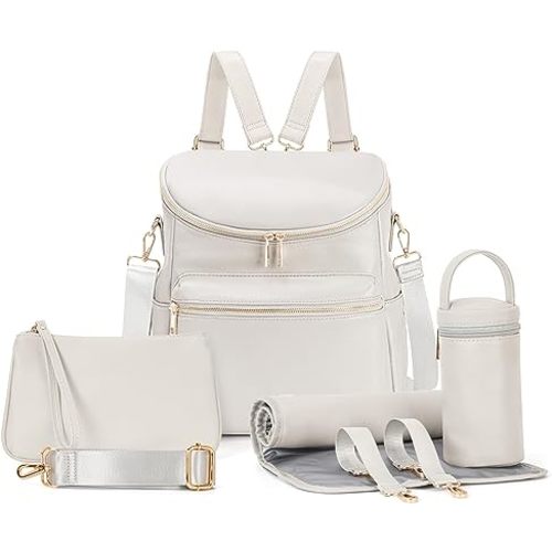 Minsong Diaper Bag Backpack, Fashion Leather Mommy Backpacks, Travel Baby Diaper Bags with in Bag Organizer and Changing Pad (Pearl White)