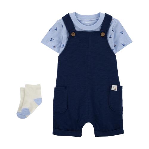 Baby 3-Piece Tee & Shortall Set - Style,Blue/White