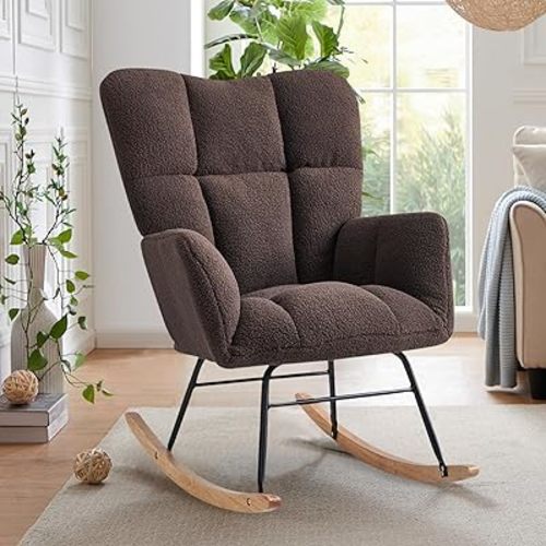 Kiztir Rocking Chair Nursery, High Backrest Teddy Glider Rocker Upholstered Rocker Recliner Modern Rocking Accent Chairs for Bedroom, Living Room, Offices (Brown)