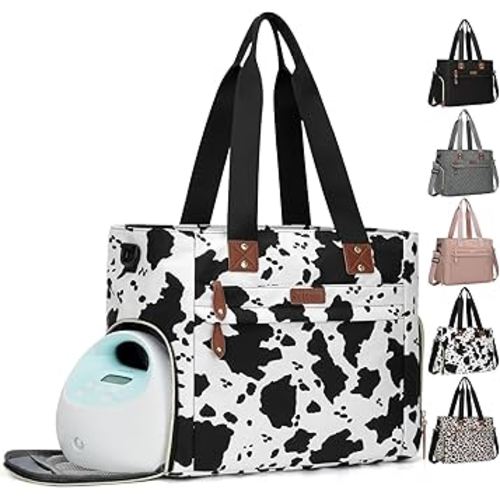 Diaper Bag Tote for Working Mom, Large Travel Diaper Tote for Mom and Dad with 14 Inch Laptop Sleeve, Mommy Maternity Travel Baby Bag for Boys and Girls, Cowprint