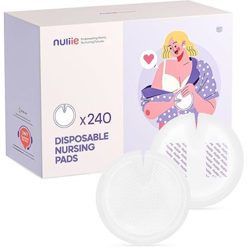 Nuliie Super Absorbent & Featherlight Disposable Nursing Pads 240 Count, Stay Dry, Soft & Breathable Breast Pads for Leaking Milk, Leakproof, Individually Packaged Breastfeeding Essentials for Moms