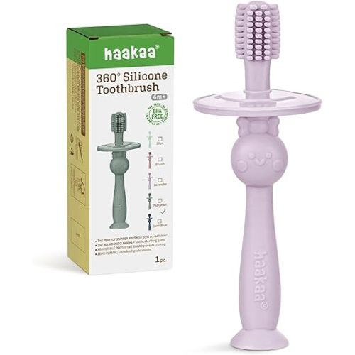 haakaa 360° Baby Toothbrush with Suction Base - Gentle Cleaning for Infant Self-Brushing Training, Sorft Food-Grade Silicone, Baby Teething Relief - Lavender, 1 Count