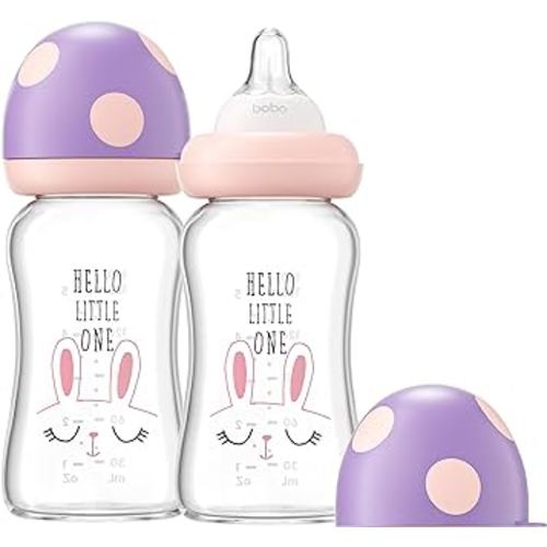 YOHKOH Natural Glass Baby Bottle with Natural Response Nipple, Newborn Anti-Colic Baby Bottles, Wide Neck Mushroom Cap Baby Bottle, Clear ((5.4oz (Pack of 2), Purple)