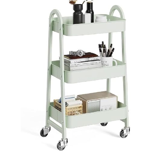 OLIXIS 3 Tier Utility Rolling Cart with Lockable Caster Wheels, Metal Mobile Storage Shelf, Organization for Livingroom, Bathroom & Narrow Places, Pale Green