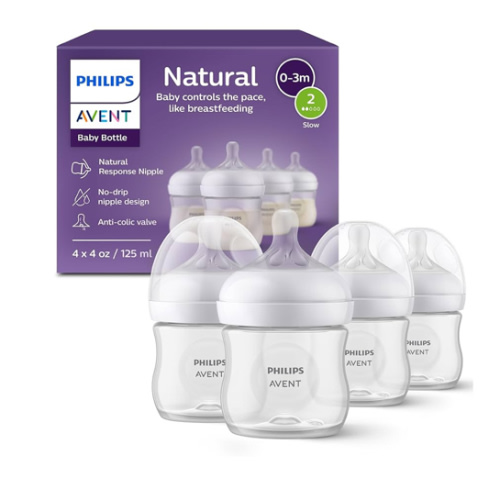 Philips Avent Natural Baby Bottles with Natural Response Nipples (Slow Flow, Flow 2), 4oz, 4-Pack, SCY900/04